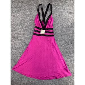 NWT Bebe Sport Women's Size S Magenta Satin Trim Halter Dress Criss-Cross Back